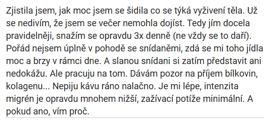 Recenze klientky – intenzita migrén mnohem nižší, zažívací potíže minimální